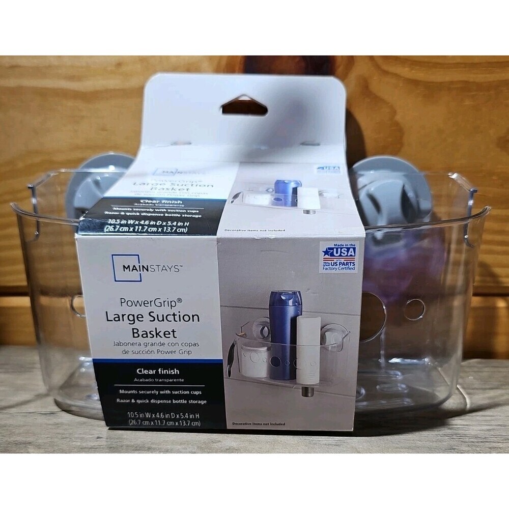 MainStays Suction- Mount Bath Caddy Clear Razor And Quick Dispense Bottle